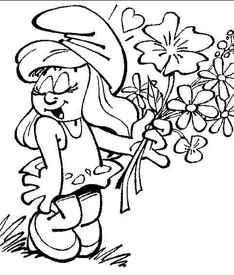 coloriage la schtroumpfette et le bouquet de fleurs